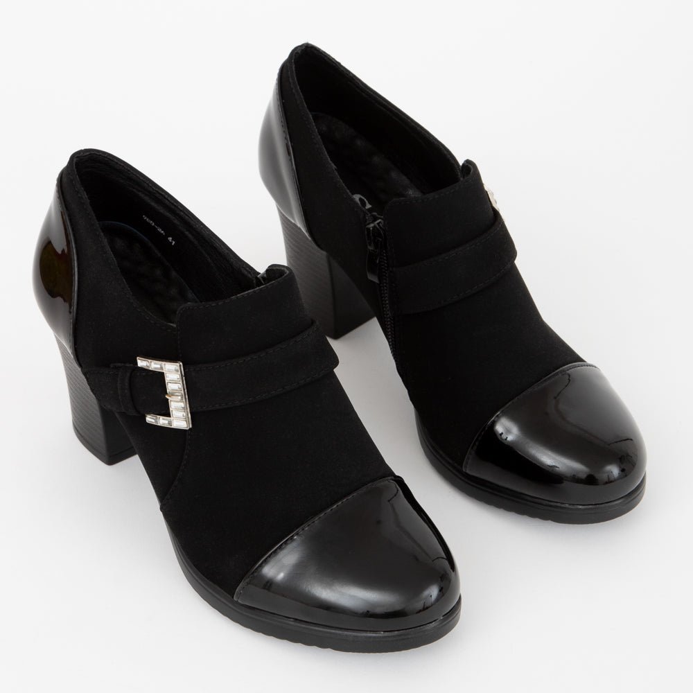 Czarne półbuty damskie eleganckie buty na słupku Dinalva lakierowane
