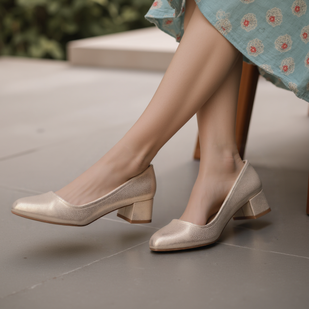 Złote czółenka damskie na słupku eleganckie błyszczące buty na niskim słupku Adeena
