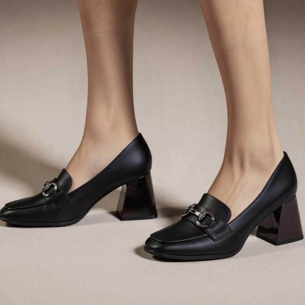 Czarne półbuty damskie eleganckie buty na słupku Ramiya obcas klocek