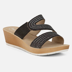 Czarne klapki damskie brokatowe buty na koturnie Genwis